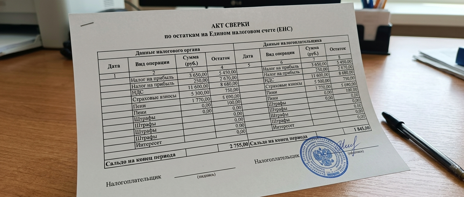 Акт сверки по остаткам на ЕНС